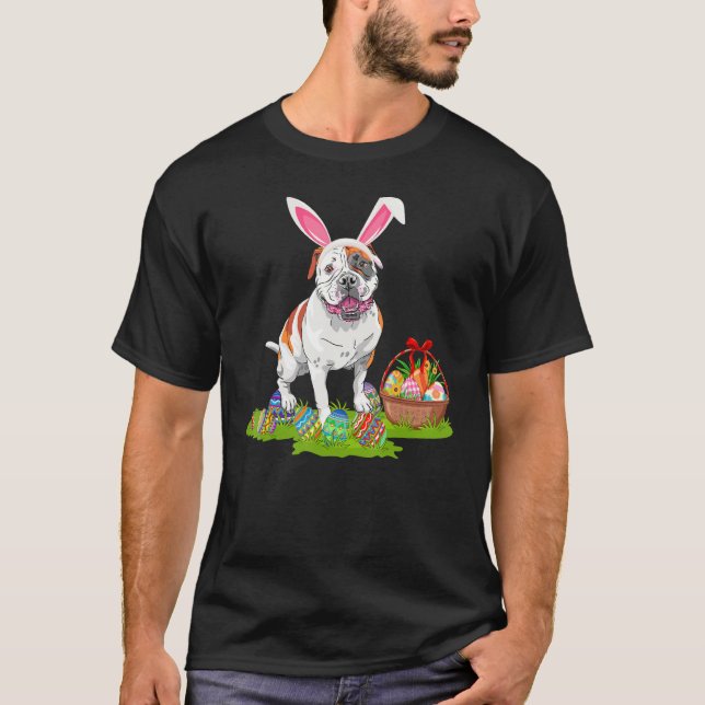 Funny Easter Egg Hunting Bunny American Bulldog Ea T-Shirt (Front)
