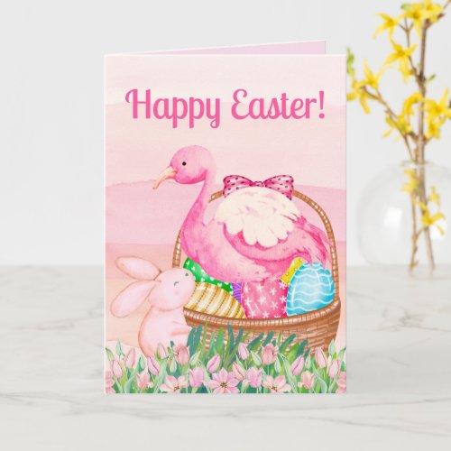 Funny Easter Flamingo and Bunny Easter Basket Card