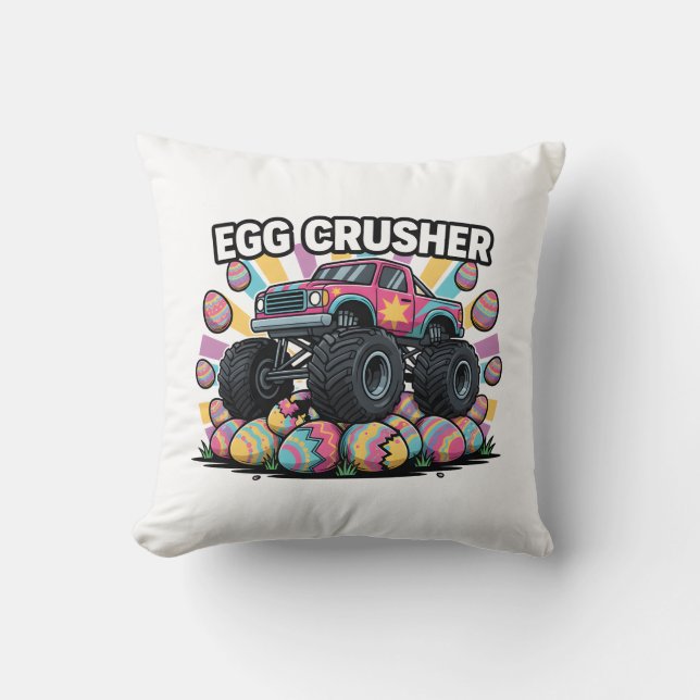 Funny Easter Monster Truck Egg Crusher Pun Boys Throw Pillow (Front)