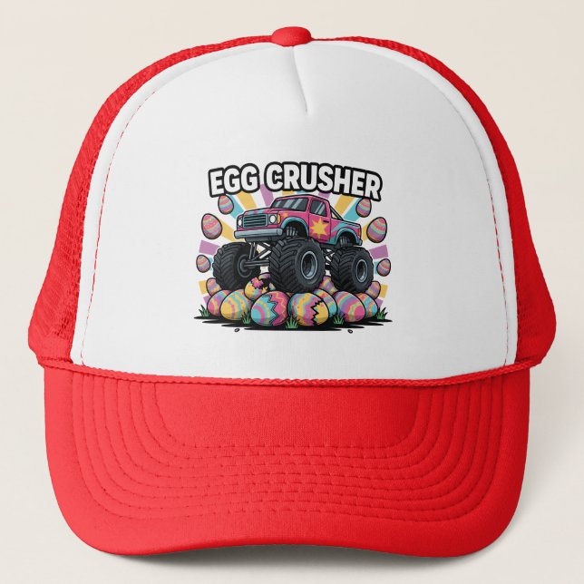Funny Easter Monster Truck Egg Crusher Pun Boys Trucker Hat (Front)