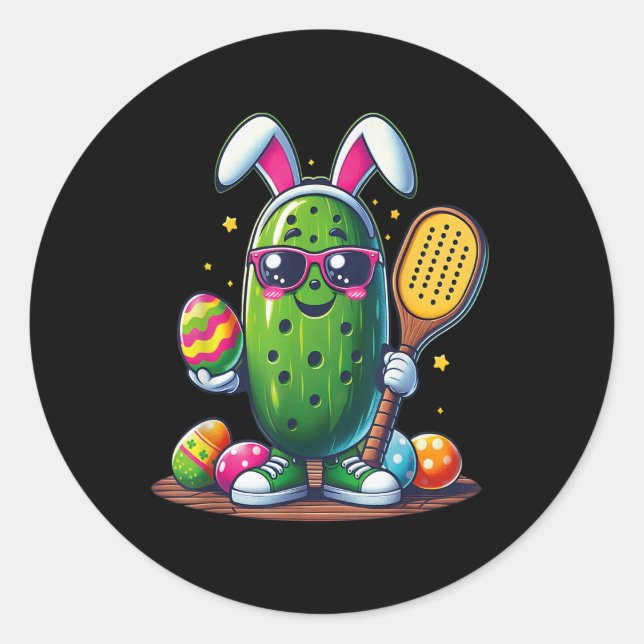 Funny Easter Pickle Playing Pickleball Paddle Bunn Classic Round Sticker (Front)