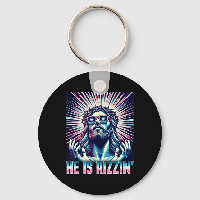 Funny Easter Resurrection Rizz Meme He Is Rizzin J Keychain (Front)