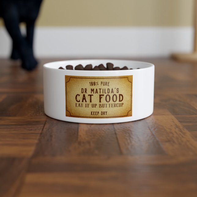 Funny Eat it Up Buttercup Pet Name Cat Bowl (Add your cat's Dr name to this funny apothecary style vintage cat food bowl)