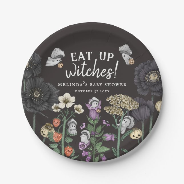 Funny Eat up Witches Halloween Baby Shower Paper Plates (Front)