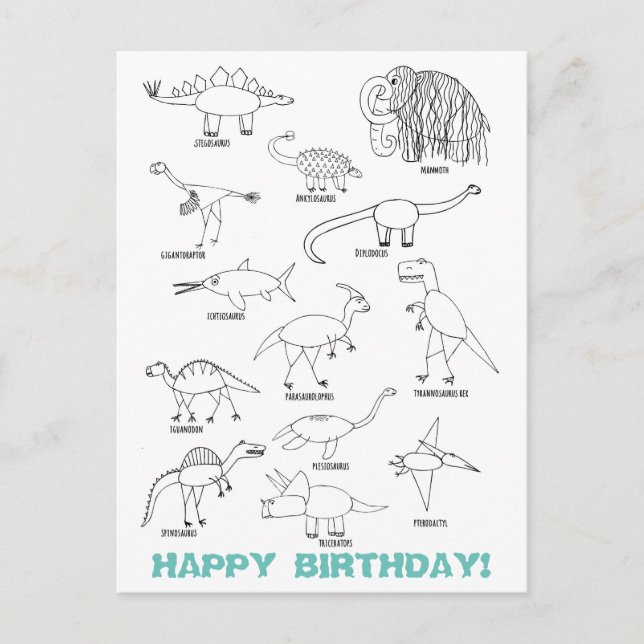 Funny Educational Dinosaur Kids Coloring Birthday Postcard (Front)