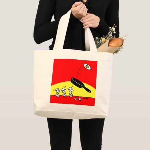Funny Egg Gymnastics Cartoon Art Red and Yellow Large Tote Bag