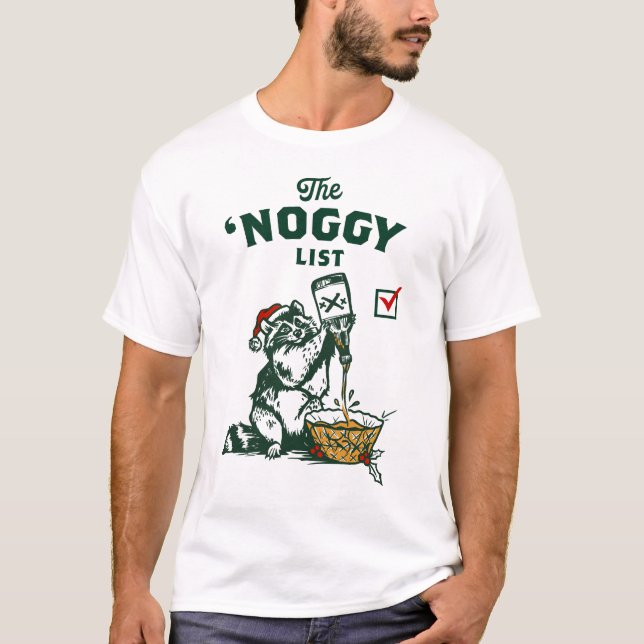 Funny Eggnog Drinking Santa Christmas Raccoon Gift T-Shirt (Front)