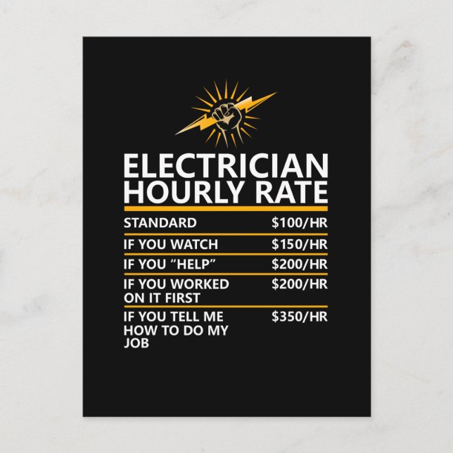 Funny Electrician Hourly Rate Table Humor Gift Postcard (Front)
