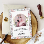 Funny Elegant Birthday Queen Pink Flamingo Card<br><div class="desc">This unique birthday card features a whimsical pink flamingo dressed in a ruffled cloak wearing a jeweled crown. Surrounded by flowers and historical statues, the design is framed in a pink and beige elegant floral pattern. The text on the outside is "Happy Birthday to the Queen". The inside text is...</div>