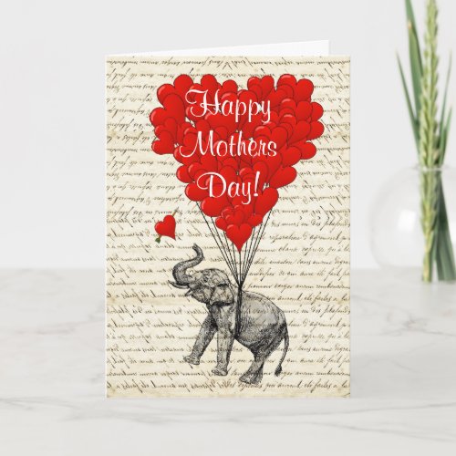 Funny elephant and love heart mothers day card