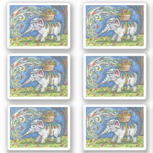 FUNNY ELEPHANT BLOWING AUTUMN LEAVES INTO BASKET STICKER (Front)