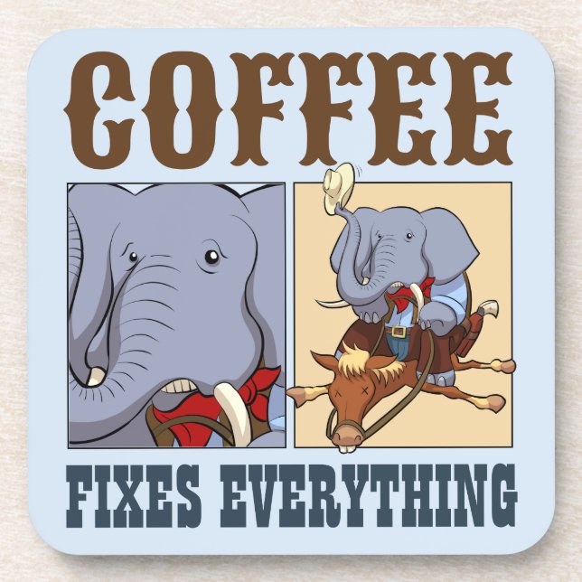 Funny Elephant Coffee Fixes Everything Cartoon Beverage Coaster (Front)