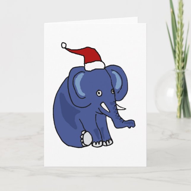 Funny Elephant in Santa Hat Christmas Art Holiday Card (Front)