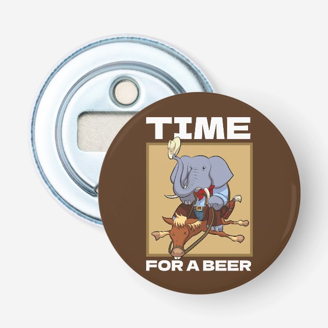 Funny Elephant Time For A Beer Cowboy Cartoon Bottle Opener (Front)