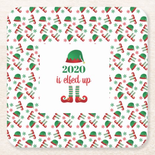 Funny Elf Christmas Saying Green Red Square Paper Coaster