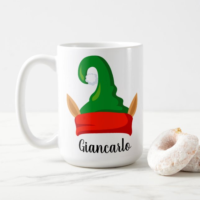 Funny elf ears red green hat personalized coffee mug (With Donut)