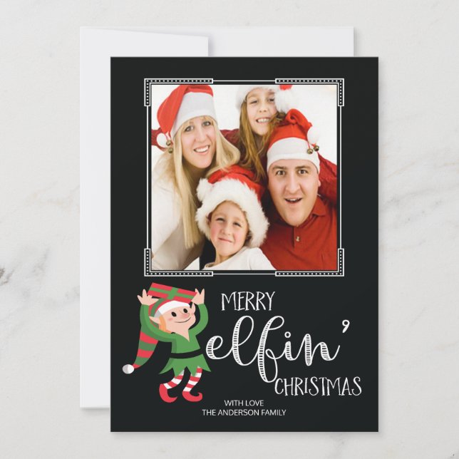 Funny Elf Elfin Christmas Family Photo Card (Front)