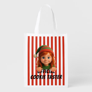 Funny Elf Faces Official Cookie Tester Christmas Grocery Bag