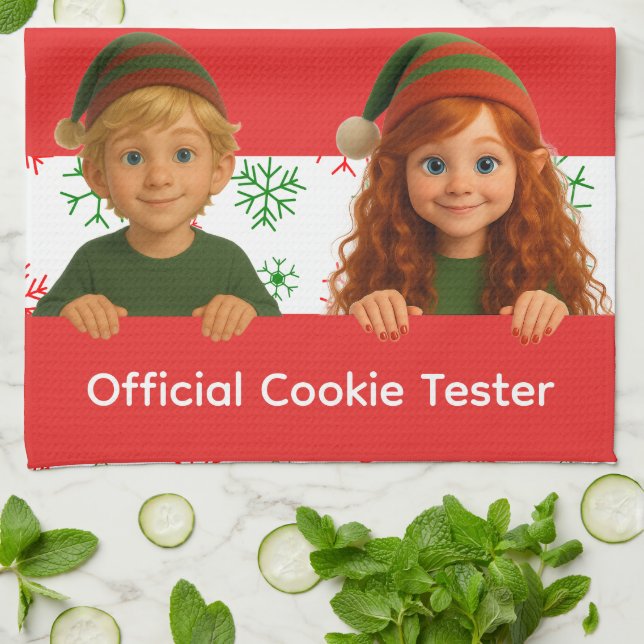 Funny Elf Faces | Official Cookie Tester Christmas Kitchen Towel (Folded)