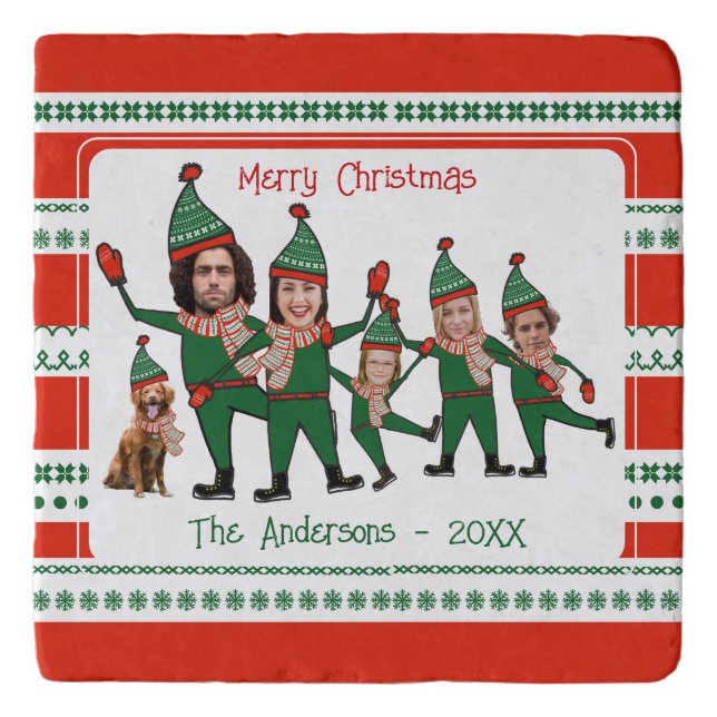 Funny Elf Family of Five Dog Red Green Christmas Trivet (Front)