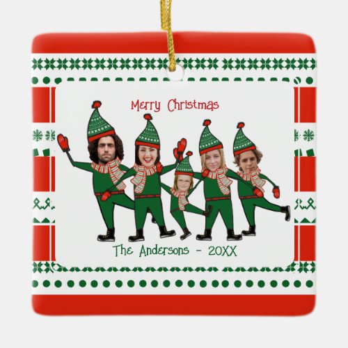 Funny Elf Family of Five Photo Red Green Christmas Ceramic Ornament