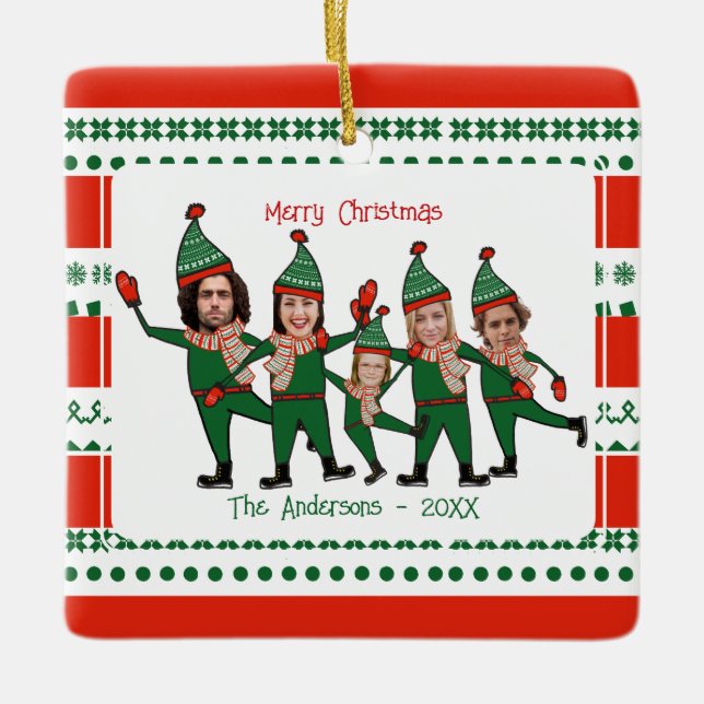 Funny Elf Family of Five Photo Red Green Christmas Ceramic Ornament (Front)