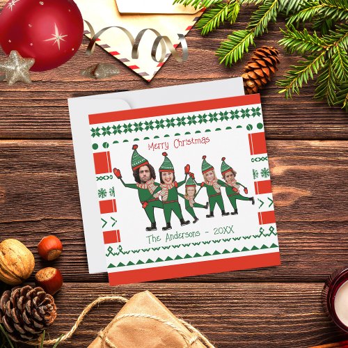 Funny Elf Family of Five Photo Red Green Christmas Holiday Card