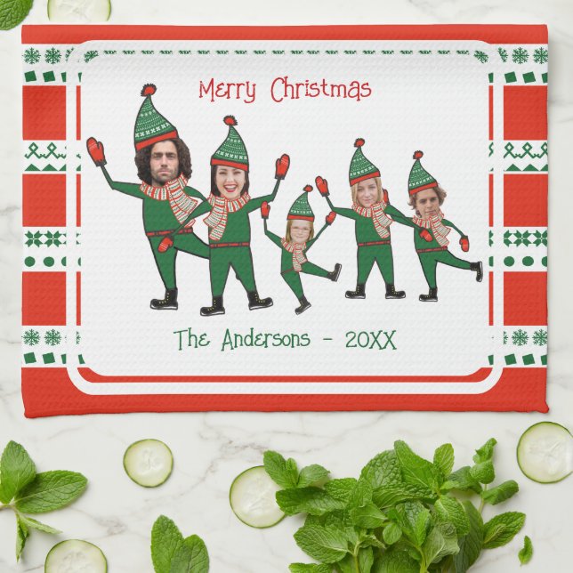 Funny Elf Family of Five Photo Red Green Christmas Kitchen Towel (Folded)
