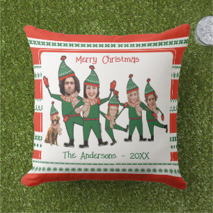 Funny Elf Family of Five with Dog Red Holiday Outdoor Pillow