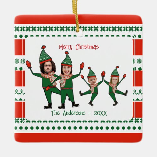 Funny Elf Family of Four Photo Red Green Christmas Ceramic Ornament