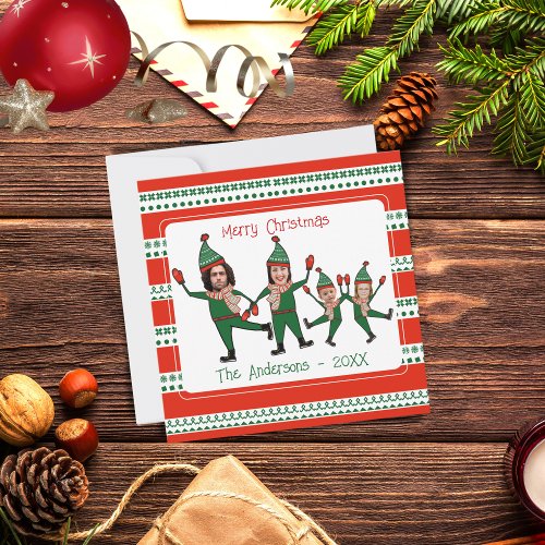 Funny Elf Family of Four Photo Red Green Christmas Holiday Card