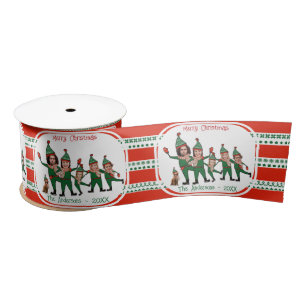 Funny Elf Family of Six with Dog Red & Green Chris Satin Ribbon