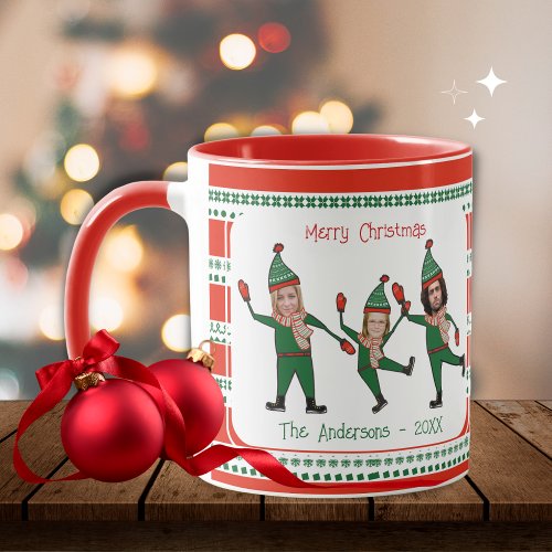 Funny Elf Family of Three Red Green Christmas Mug