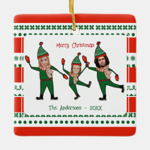 Funny Elf Family Photo Red Green Merry Christmas Ceramic Ornament