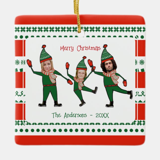 Funny Elf Family Photo Red Green Merry Christmas Ceramic Ornament (Front)