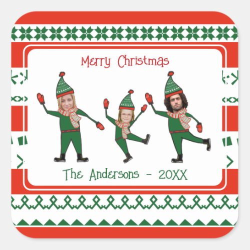 Funny Elf Family Photo Red Green Merry Christmas Square Sticker