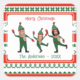 Funny Elf Family Photo Red Green Merry Christmas Square Sticker