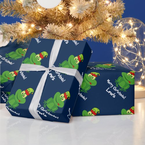 Funny elf frog Christmas wrapping paper for kids