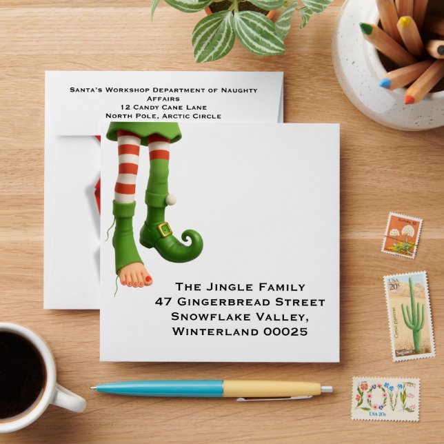 Funny Elf Legs Holiday Card | North Pole Mischief  Envelope (Desk)
