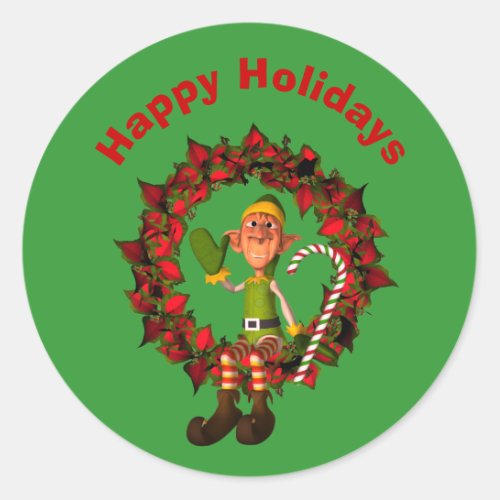 Funny Elf On Wreath Christmas Holiday  Classic Round Sticker