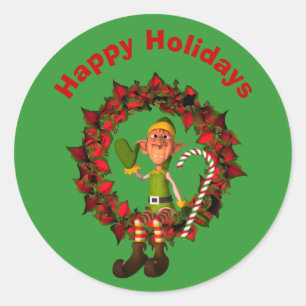Funny Elf On Wreath Christmas Holiday Classic Round Sticker