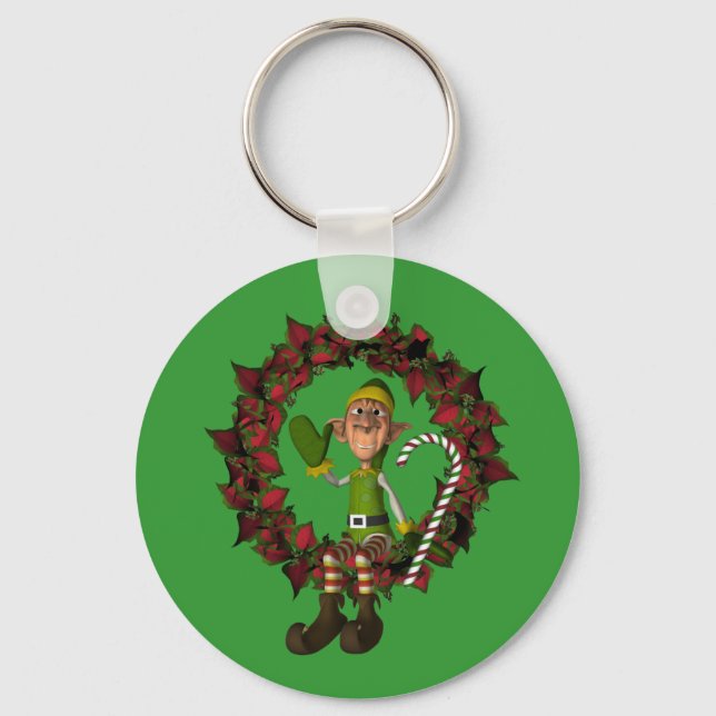 Funny Elf On Wreath Christmas Holiday Keychain (Front)
