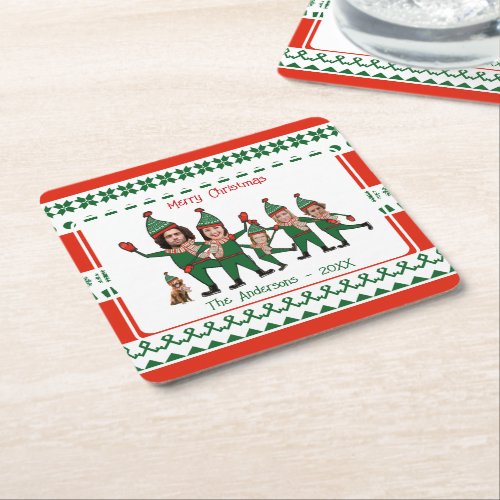 Funny Elf Your Family of Six including Dog Pattern Square Paper Coaster