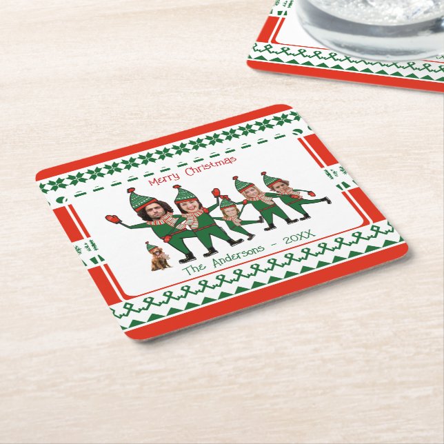 Funny Elf Your Family of Six including Dog Pattern Square Paper Coaster (Angled)