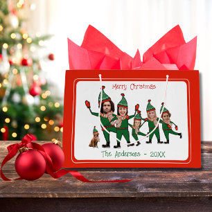 Funny Elf Your Family of Six Including Dog Red Large Gift Bag