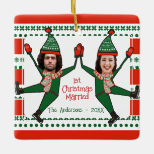 Funny Elves 1st Christmas Married Red Green Custom Ceramic Ornament