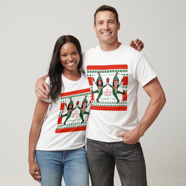 Funny Elves 1st Christmas Married Red Green Custom T-Shirt (Unisex)
