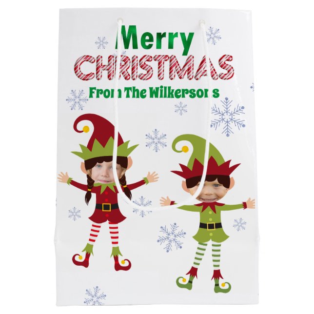 Funny Elves Custom Kids Photos Merry Christmas Medium Gift Bag (Back)