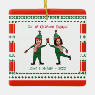 Funny Elves Our 1st Christmas Engaged Red Green Ceramic Ornament