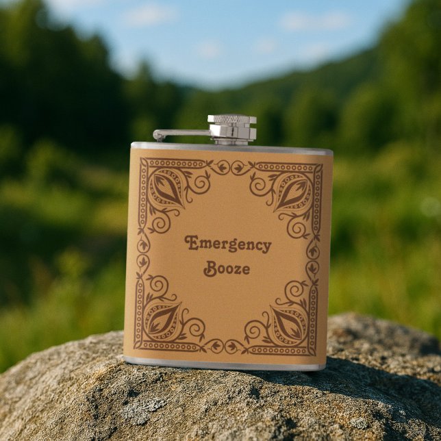 Funny Emergency Booze Add Your Text Pattern Border Flask (Creator Uploaded)